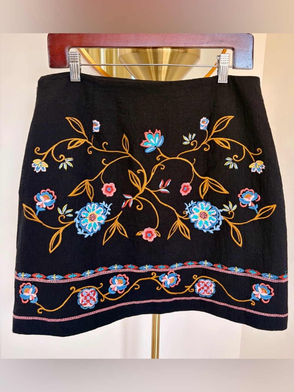 LOFT Black Mini Skirt with Colorful Floral Embroidery - Picture 7 of 8